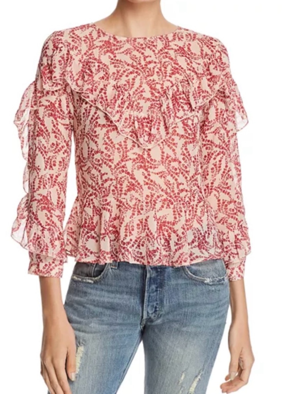 Olivaceous Cream and Red Floral Ruffle Blouse